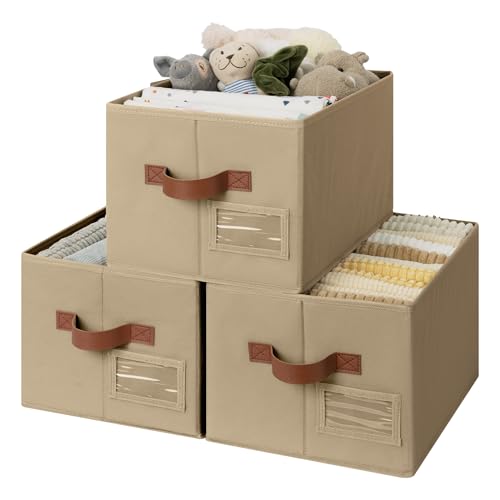 GRANNY SAYS Closet Storage Bins with Label, Closet Organizer Bins, Fabric Storage Basket with PU Handles, Clothing Storage Organizers, Brown, Medium, 3-Pack - color: Brown, size: Medium