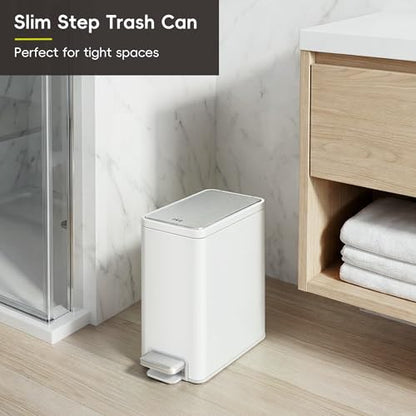 EKO Slim Small Bathroom Trash Can with Lid, Stainless Steel Small Garbage Can with Removable Inner Bucket, 6L / 1.6 Gal, Step On Trash Bin (White) - color: White, size: 6L