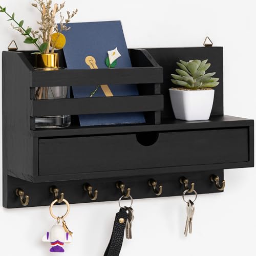 dreampossible Key and Mail Holder for Wall, Mail Organizer Wall Mount with 6 Hooks and Storage Drawer, Wooden Key Rack Hanger with Shelf for Entryway and Home Decor - color: Black, size: Large(13.4''x8.7'')