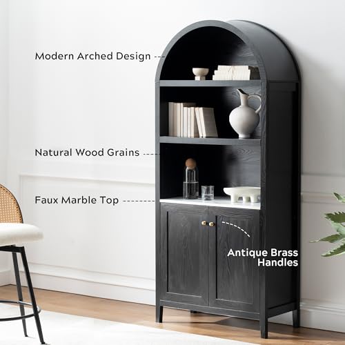 EYYTHUNG 71" Tall Arched Cabinet, 5-Tier Arched Bookcase Storage Display Cabinet with Doors and Shelves, Modern Farmhouse Bookshelf Kitchen Pantry Cabinet for Living Room Dining Room, Black - color: Black