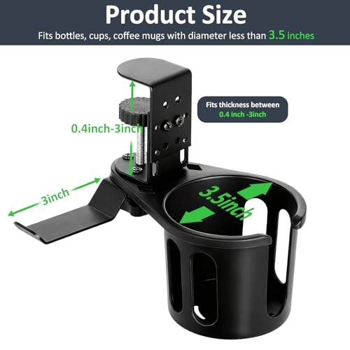 MYITYARD Desk Cup Holder Clamp, 2 in 1 Anti-Spill Clip On Table Cup Holder with Headphone Hanger, Rotatable Water Bottle Stand Drink Coffee Mug Storage, Office Accessories for Home and School - color: Black-1 with Headphone Hanger