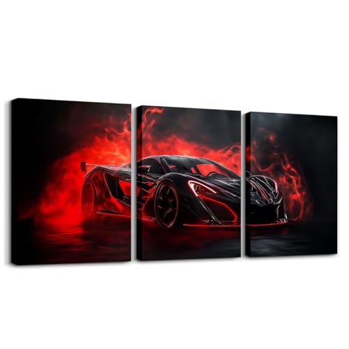Erosebridal Red Race Car Wall Art Boys Red Black Racing Car Canvas Wall Art Set of 3 for Kids Girls Racing Car Decor Extreme Sports Gaming Poster Prints,12x16 - color: Red Black