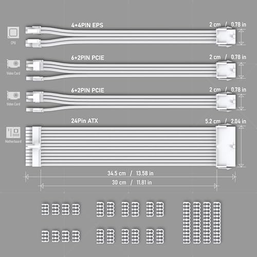 EZDIY-FAB PSU Extension Cable Sleeved Custom Mod PC Power Supply Cable, Soft Nylon Braided with Comb Kit 24PIN/8PIN to 6+2Pin/ 8PIN to 4+4PIN-30CM 300MM - All White Edition - color: Pure White
