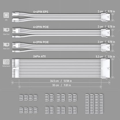 EZDIY-FAB PSU Extension Cable Sleeved Custom Mod PC Power Supply Cable, Soft Nylon Braided with Comb Kit 24PIN/8PIN to 6+2Pin/ 8PIN to 4+4PIN-30CM 300MM - All White Edition - color: Pure White