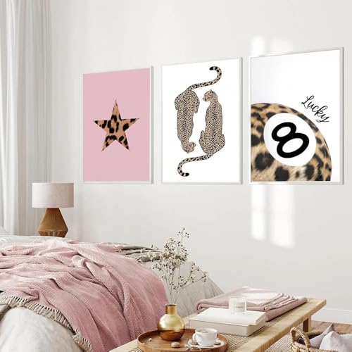 Set of 3 Preppy Cheetah Wall Art Trendy Pink Leopard Canvas Prints Star Lucky 8 Ball Posters Aesthetic Wall Decor Pictures for Girly Bedroom Apartment Dorm Unframed 12x16in