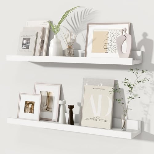 Fun Memories Picture Ledge Shelves Set of 2, 24 Inch Rustic Wall Mounted Floating Shelves with Lip for Home Storage and Décor in Bathroom, Kitchen, Nursery, Bedroom, Living Room, White - color: White, size: 24 inch, Set of 2