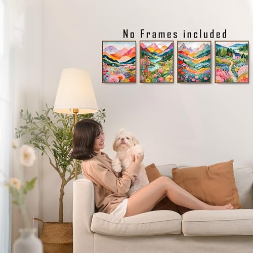 FITIE Maximalist Boho Floral Mountain Wall Art Posters Set of 4, Abstract Colorful Wildflower Valley Landscape Canvas Prints Artwork Wall Decor for Home Bedroom Living Room, 8x10 Unframed - color: Color-Nature Landscape 04