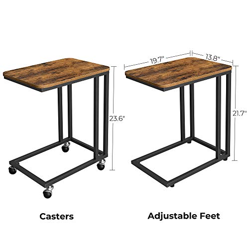 VASAGLE End Table, C Shaped TV Tray with Metal Frame Rolling Casters, Industrial Side Table for Living Room Bedroom, 19.7 x 13.8 x 23.6 Inches, Rustic Brown and Black - color: Rustic Brown + Black, size: 19.7"W x 21.7"H, style: With Wheels