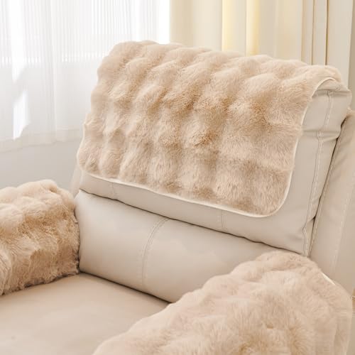 vctops 3 Pieces Faux Rabbit Fur Sofa Armrest Cover for Recliner Chair Non Slip Fluffy Furry Headrest Cover Soft Fuzzy Couch Cover for Dogs Washable Furniture Protector (Khaki,1 Seat) - color: Khaki