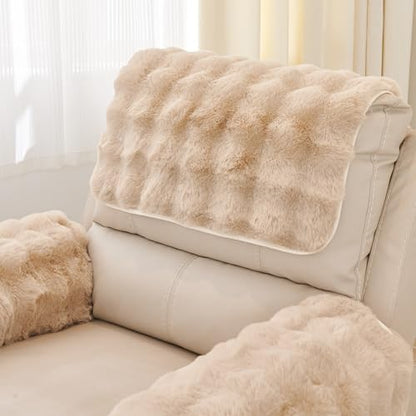 vctops 3 Pieces Faux Rabbit Fur Sofa Armrest Cover for Recliner Chair Non Slip Fluffy Furry Headrest Cover Soft Fuzzy Couch Cover for Dogs Washable Furniture Protector (Khaki,1 Seat) - color: Khaki