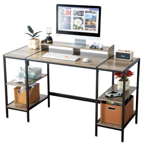 MINOSYS Gaming/Computer Desk - 47” Home Office Small Desk with Monitor Stand, Rustic Writing Desk for 2 Monitors, Adjustable Storage Space, Modern Design Corner Table. - color: Rustic, size: 47 inch