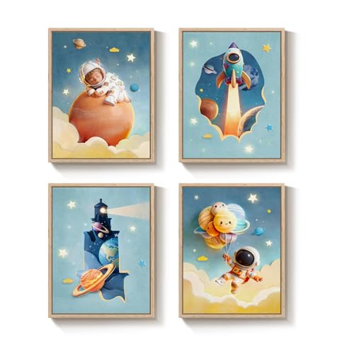 Framed Space Wall Art Set for Nursery Decor, Modern Space Themed Canvas Prints Bedroom Decor, Outer Space Astronaut Pictures for Kids Playroom Bathroom Baby Boys Girls Room Wall Decor, 11x14 Inch - color: Blue & Orange & Yellow, size: 11"W x 14"H x 4Pcs