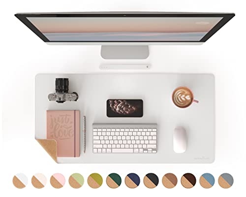 RENMTURE Dual-Sided Mouse Pad, Natural Cork & PU Leather Large Desk Pad for Office and Home Work, Desk Protector Non-Slip, Waterproof, Easy Clean (White, 32"x16") - color: White, size: 32"x16"