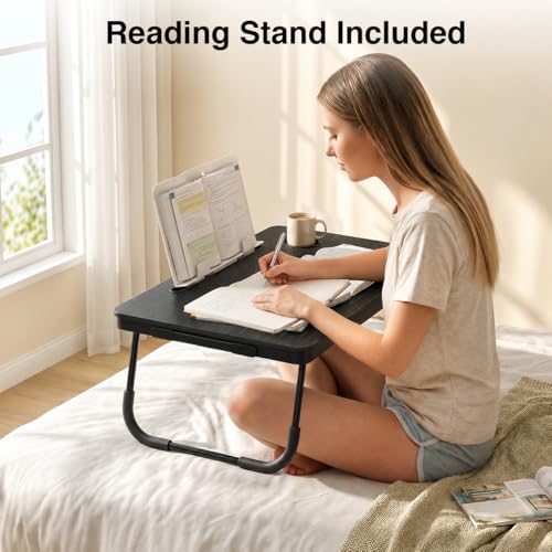 BUYIFY 23.4" Foldable Lap Desk,Bed Table,Portable Tray with Reading Stand | Folds Flat for Easy Storage, No Assembly Laptop Bed Desk, Sturdy and Lightweight, Versatile for Work Eat Study, Patent Design - color: Black With Stand
