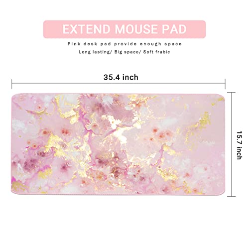 Extended Gaming Mouse Pad(35.4x15.7 in), Large Desk Pad Laptop Computer Keyboard Mat Waterproof Desk Decor Writing Pad for Work, Game, Office, Home - Pink Gold Marble - color: Pink Gold Marble-1
