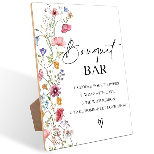 Bouquet Bar Sign, Flowers Bridal Shower Decorations, Wedding Reception Table Decorations, Engagement Party Decor, Boho Wooden Sign with Stand for Wedding Reception And Bridal Party Decor, 5 - color: Bouquet Bar5