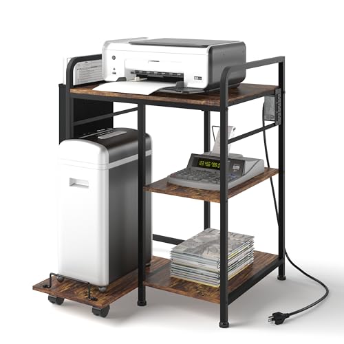 Sedegn Large Printer Stand with 3 AC Outlets for Home Office Devices | Heavy-Duty Printer Table for Laser Printer, Side Paper Storage Bag, 3-Tier Organizer for Shredder, PC Tower & Supplies, Brown - color: Rustic Brown