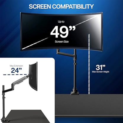 VIVO Pneumatic Arm Single Ultrawide Monitor Extra Tall Desk Mount for Up to 49 inch Screens, Heavy Duty Clamp, Holds Ultra Wides Up to 44 lbs, Black, STAND-V110K - size: Single Mount, style: Desk Mount
