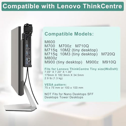 Mini PC VESA Mount for Lenovo ThinkCentre M720Q, M710Q, M715q, M900, M900x, M910Q, M73, M800z, M700, M700z, M600, 10M2,10M3, Wall & Under Desk Mount for Lenovo ThinkCentre Tiny Desktop Mini PC