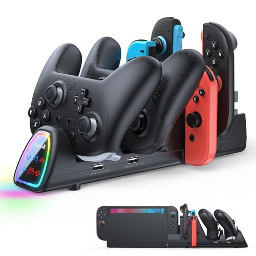 FASTSNAIL [Switch 1/2 Compatible] Controller Charging Dock for Nintendo Switch 2/1 for Joycon 2, 10 in 1 Fast Controller Charger Station Stand for Pro Controller 2/1 with 11 RGB Modes, LED Indicator - color: Black, size: 6.2/7.0 /7.9 inch