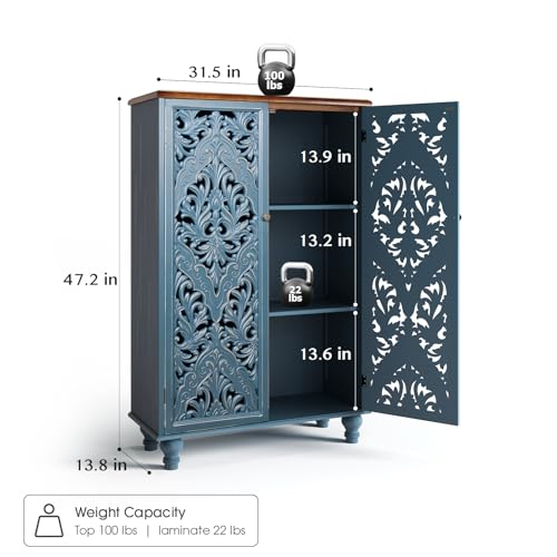 Jiansu furni Buffet Sideboard Cabinet with Hand-Carved Doors,Tall Storage Cabinet for Dining Room, Vintage Wood Accent Cabinet with Shelves, Slim Floor Cupboard for Kitchen & Entryway(Blue & Walnut) - color: Blue & Walnut_2 Doors_tall