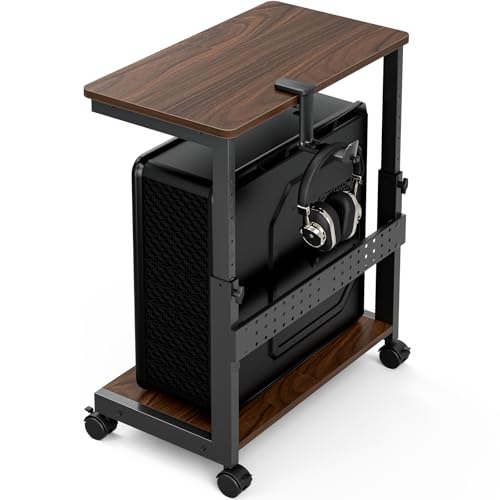 Height Adjustable Computer Tower Stand, 2-Tier ATX-Case CPU Holder with Mouse Pad & Headphone Stand, Mobile PC Standing Under Desk, Home Office Gaming Accessories, Computer Cart, Walnut - color: Walnut