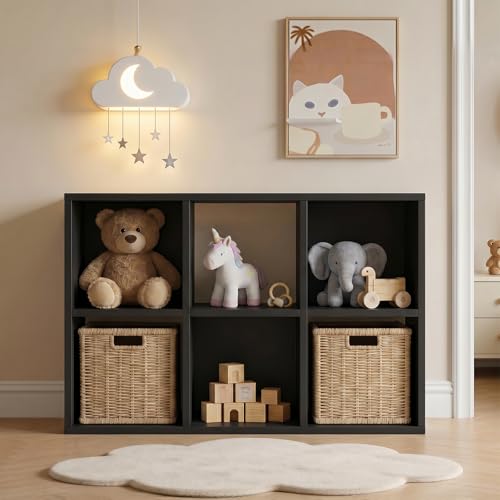 LUCKLIFE 6-Cube Storage Organizer, Stackable Modular Bookcase Shelf with Vertical or Horizontal Use, Fits 11×11" Bins, Optional Back Panels, for Living Room, Office, Black - color: 6 Cube - Black