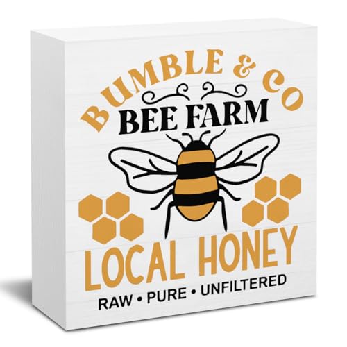 Summer Bee Sign Decor Bee Decorations for Home Local Honey Wooden Box Sign Desk Accessories Home Office Bedroom Bathroom Teacher Classroom Decor 5 X 5 Inch - color: Local Honey