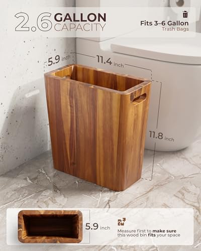 BLUEWEST 2.6 Gallon Acacia Wooden Bathroom Trash Can, Small Wastebasket with Handle, Decorative Wood Bin for Bedroom, Office or Under Counter Use