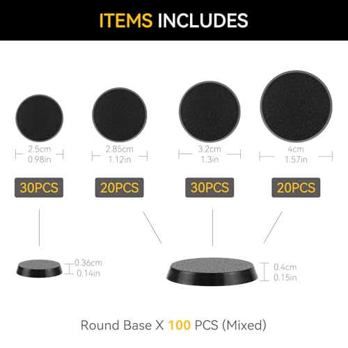 100PCS 25mm 28.5mm 32mm 40mm Mix Black Round Miniature Bases, Model Base for Gaming Miniatures or Wargames Table Top Games - color: 4 Sizes Mix-100pcs-black