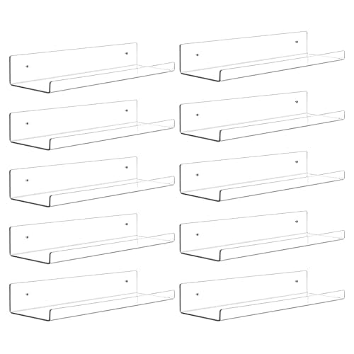 Dezzer 10 Pack Acrylic Shelves for Wall, 15" Clear Acrylic Floating Shelves for Bathroom Bedroom, Invisible Bookshelf Wall Ledge Storage Shelf Books Perfume Toys Action Figure Display Shelves - style: 15 inch 10-pack