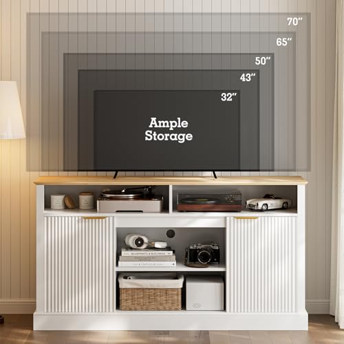 LCRBOL TV Stand for up to 65" TV, Mid-Century Entertainment Center, White | 63"W x 15.4"D x 25"H, 2 fluted cabinets, 1 drawer & open shelves, natural top, top holds 180 lbs, ~90 min assembly - color: White & Natural