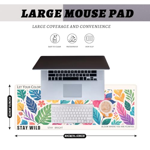 Inspirational Quote Mouse Pad Colorful Floral Leaves Tropical Large Desk Mat with Stitched Edges,Non-Slip Waterproof Rubber Base Mouse Mat Office Computer Keyboard Laptop 31.5"x11.8" - color: Inspirational Quote