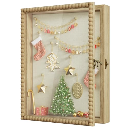 Love-KANKEI Shadow Box Frame 11x14, Deep Large Shadow Box Display Case with Unique Beads Door and Glass Window, Wood Memory Box for Pictures,Medals,Memorabilia,Collections Natural - color: Natural, size: 11x14