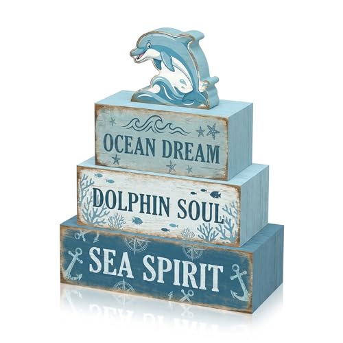 4 Pcs Dolphin Ocean Bathroom Table Decor Summer Dolphin Tiered Tray Decor Blue Nautical Wooden Signs Tabletop Summer Beach Bedroom Home Kitchen Office Decorations Shelf Sitter - style: Dolphin