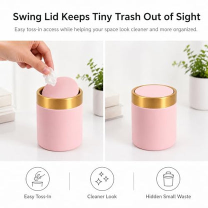 Mini Trash Can with Lid, Small Desktop Waste Bin with Swing Lid, 1.5L / 0.4 Gal Countertop Trash Bin for Desk, Vanity, Bathroom, Coffee Bar and Office, Pink - color: Pink