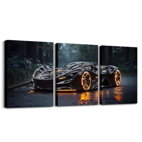 Boys Sports Car Canvas Wall Art Set of 3,Cool Black Race Car Wall Art for Kids Boys Girls Teens,3D Racing Cars Decor,Extreme Sports Theme Poster Prints Racing Games Race Cars,12x16 - color: Black Orange