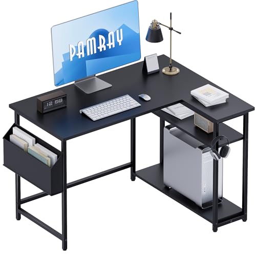 Pamray 40 Inch L Shaped Computer Desk with Reversible Side Storage Shelves, Small Corner Desk for Small Space Home Office, Writing Study Table PC Desk for Bedroom, Black - color: Black, size: 40 Inch