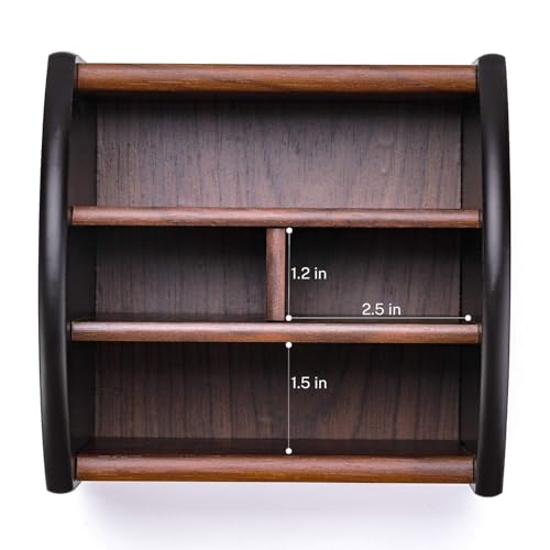 MaxGear Remote Control Holder Caddy, Wooden Desk Organizer, 4 Compartments | 360° Rotating Wooden Caddy; 4 Compartments for Remotes & Desk Supplies; Anti-Slip Base