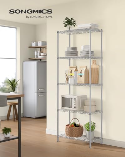 SONGMICS Storage Shelf, Metal Wire Shelving Unit, Adjustable Shelves, for Garage, Bedroom, Living Room, Kitchen, Pantry, 5 Tier, 11.8 x 23.6 x 63.4 Inches, Silver Color ULGR165EA01S - color: Silver, size: 5 Tiers (11.8"D x 23.6"W)