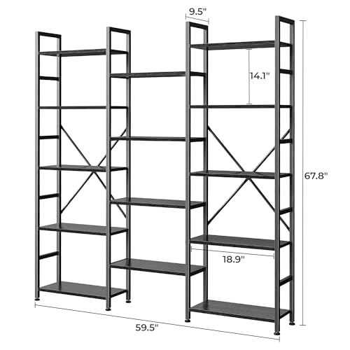 SUPERJARE Triple Bookshelf, Bookcase with 14 Open Display Shelves, Wide Book Shelf Book Case for Home & Office, 5 Tier, Black - color: Black, size: 5 Tier