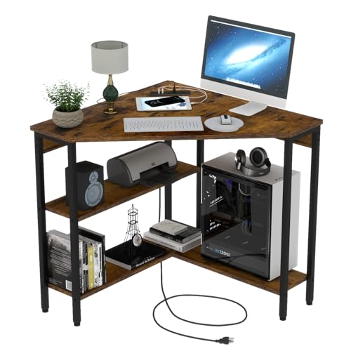 Auromie Corner Desk with Outlets & USB Ports, 90 Degree Triangle Corner Table with CPU Stand & Storage Shelves for Small Space, Computer Table with Charging Station for Home Office Bedroom (Rustic) - color: Rustic