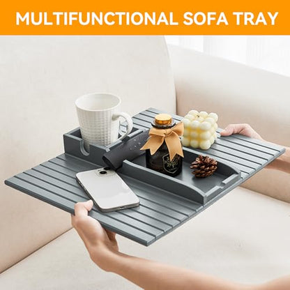 GEHE Bamboo Couch Cup Holder, Anti-Spill Sofa Arm Tray, Natural and Easy to Clean Couch Arm Cup Holder Armrest Tray Perfect for Cups, Beers, Snacks, Remote Control, Drinks - color: Light Blue