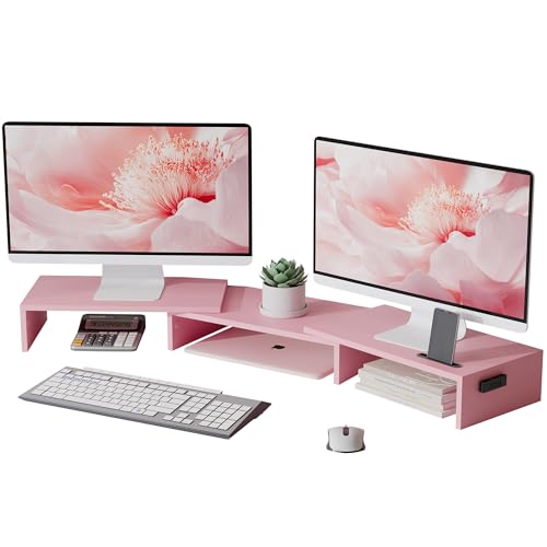 BONTEC Dual Monitor Stand Riser with Smartphone Holder, Adjustable Length & Swivel Angle, Ergonomic Wooden Desktop Organizer for PC Monitor, Laptop, Printer, Large Storage, Pink - color: Pink