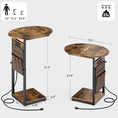 Vagusicc C Shaped End Table with Charging Station, Adjustable Height Side Table for Couch, 32" Tall End Table Small Couch Side Table, Slide Under Sofa TV Tray Snack Arm Tables for Living Room, Brown - color: Rustic Brown, style: Charging Station