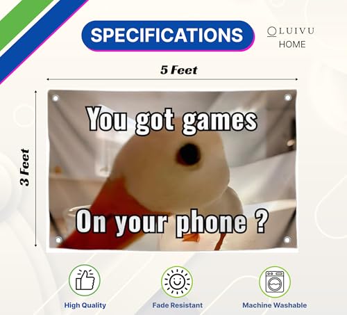 3x5 Feet Funny Polyester Duck Flag with Quote "You Got Games On Your Phone?" with Four Brass Grommets - Single Sided Funny Tapestry Wall Flags for Decor College - Duckling Meme Flag for Bedroom