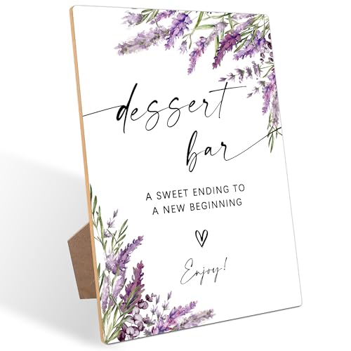 Dessert Bar Sign, Lavender Dessert Table Decor, Bridal Shower Decorations, Wedding Reception Table Decorations, Purple Floral Wooden Sign with Stand for Wedding Reception And Bridal Party Decor, 23 - color: Dessert Bar23