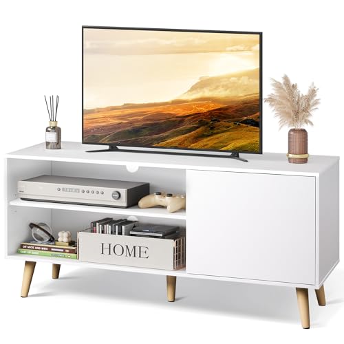 WLIVE TV Stand for 55 Inch TVs, Entertainment Center with Storage Cabinet, Mid-Century TV Stands for Living Room and Bedroom, 50" TV Console, White - color: White, size: 47 Inch