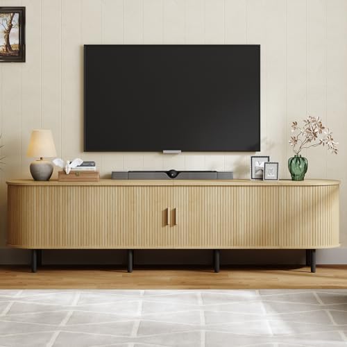 ONBRILL 86.6" TV Stand with Power Outlet for TVs up to 90 Inch, Entertainment Center with Storage and Adjustable Shelves, Modern Media Console with Sliding Doors for Living Room, Oak - color: Oak, size: 86.6 Inch