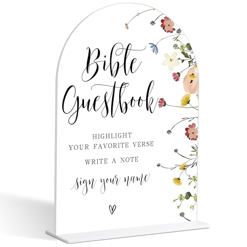 Wedding Bible Guest Book Sign, Flower Style Bridal Shower Signs for Engagement, Bridal Shower and Reception, Bridal Shower Decorations, Wedding Shower Favors, 6X8 Inch Acrylic Arch Sign with Stand,39 - color: Wedding Bible,39